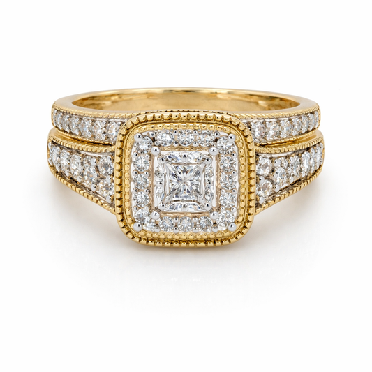 14K Yellow Gold 0.50TDW Princess Diamond Halo Wedding Set