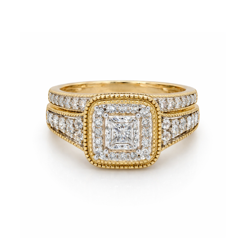 14K Yellow Gold 0.50TDW Princess Diamond Halo Wedding Set