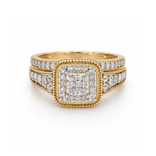 14K Yellow Gold 0.50TDW Princess Diamond Halo Wedding Set