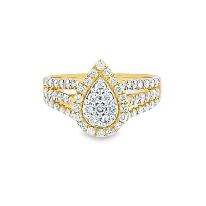 10K Yellow Gold 1.00TDW Diamond Pear Shape Cluster Halo Engagement Ring