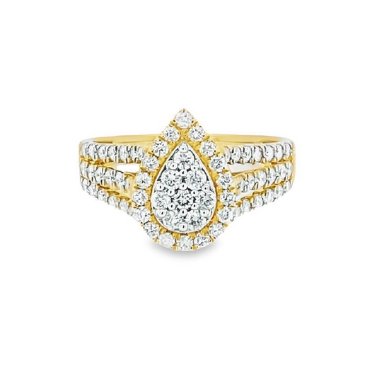 10K Yellow Gold 1.00TDW Diamond Pear Shape Cluster Halo Engagement Ring