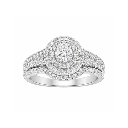 14K White Gold 1.00TDW Diamond Double Round Halo Wedding Set