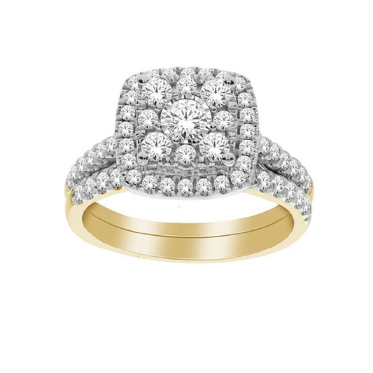 10K Yellow Gold 1.00TDW Diamond Illusion Head Cushion Halo Bridal Set