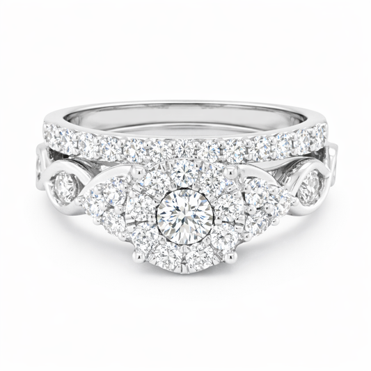 10K White Gold 1.00TDW Diamond Halo Wedding Set