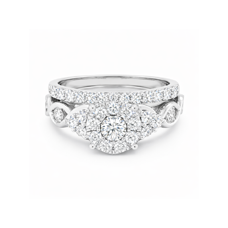 10K White Gold 1.00TDW Diamond Halo Wedding Set