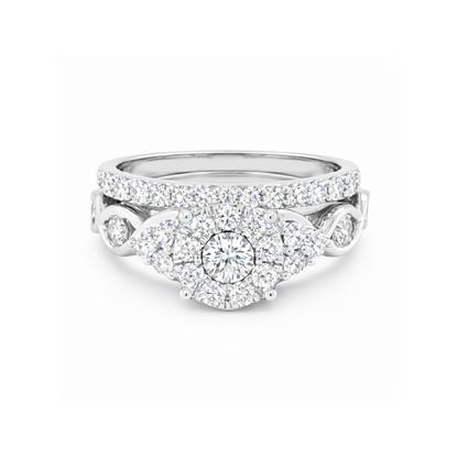 10K White Gold 1.00TDW Diamond Halo Wedding Set