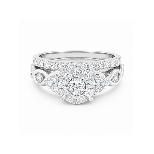 10K White Gold 1.00TDW Diamond Halo Wedding Set