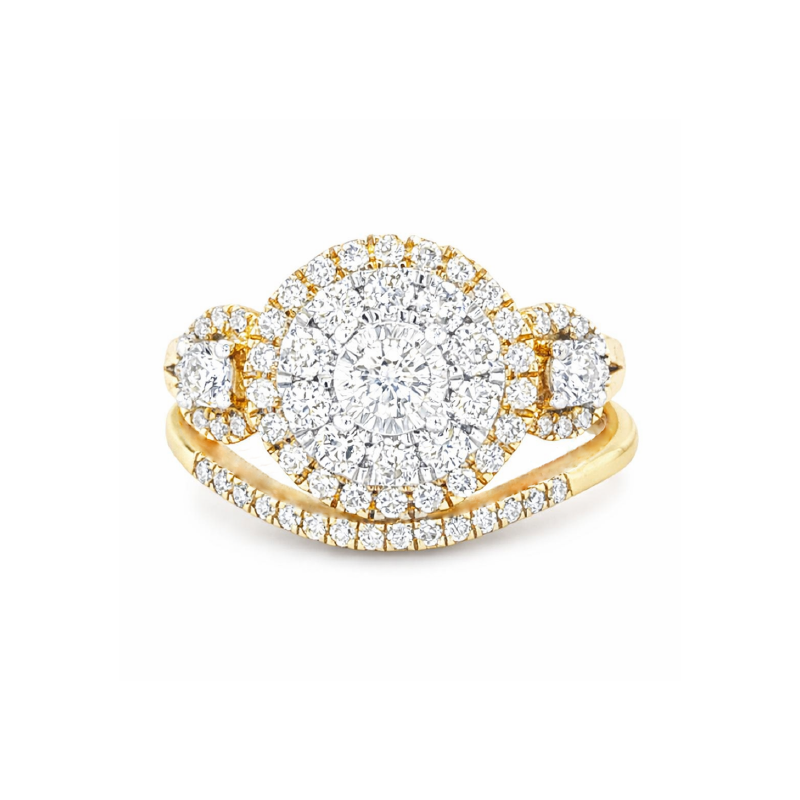 1.00TDW 10K Yellow Gold Diamond Halo Bridal Set with Round Center Stone