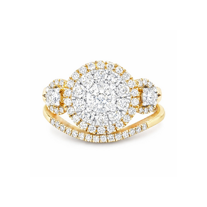 1.00TDW 10K Yellow Gold Diamond Halo Bridal Set with Round Center Stone