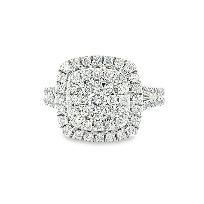 1.00TDW Round Diamond Halo Engagement Ring with Floral Center in 10K White Gold