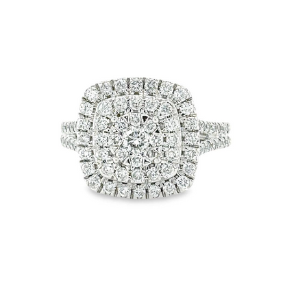 1.00TDW Round Diamond Halo Engagement Ring with Floral Center in 10K White Gold