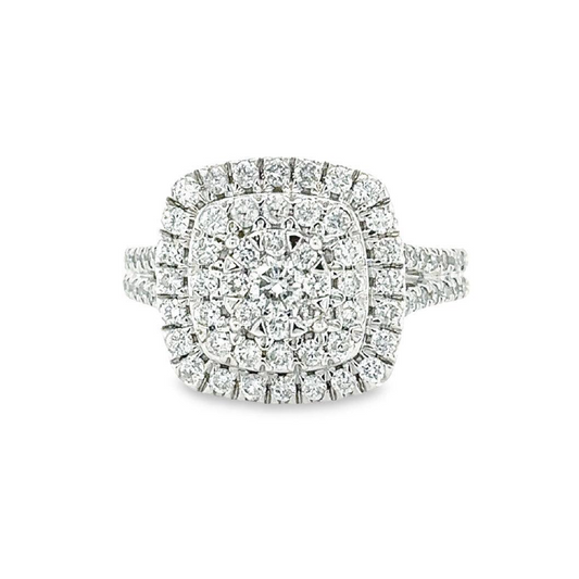 1.00TDW Round Diamond Halo Engagement Ring with Floral Center in 10K White Gold