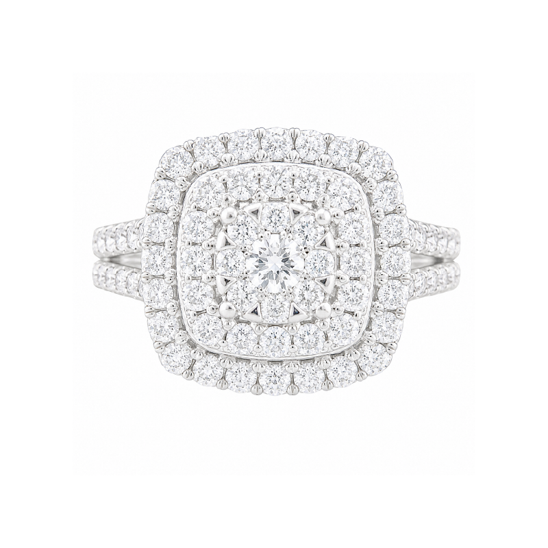 1.00TDW Round Diamond Halo Engagement Ring with Floral Center in 10K White Gold