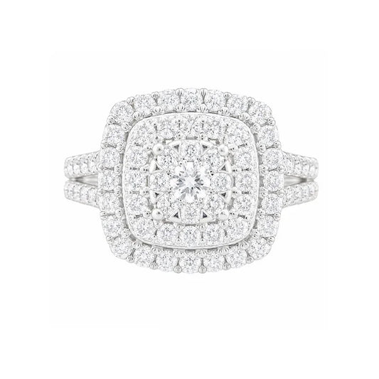 1.00TDW Round Diamond Halo Engagement Ring with Floral Center in 10K White Gold