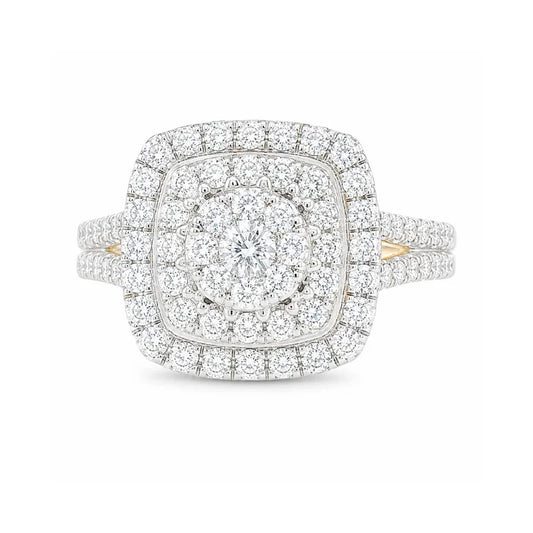 1.00TDW Round Diamond Halo Engagement Ring with Floral Center in 10K Yellow Gold