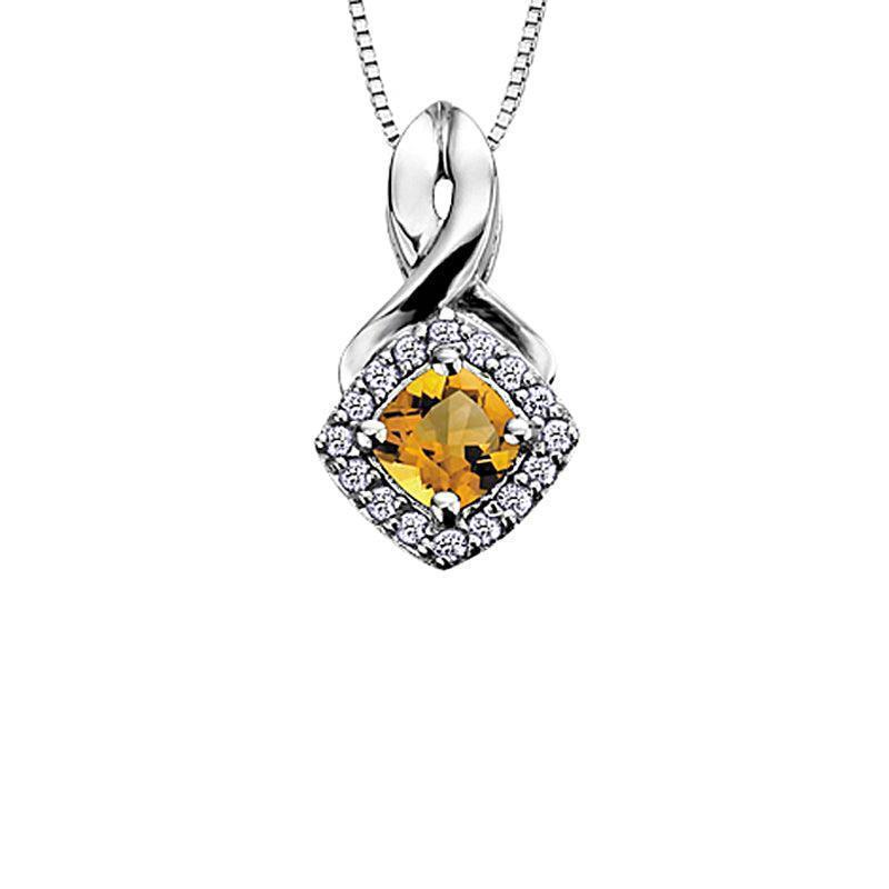10K White Gold Citrine and Diamond Halo Pendant with Chain