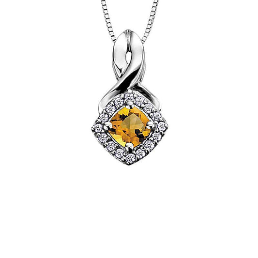 10K White Gold Citrine and Diamond Halo Pendant with Chain