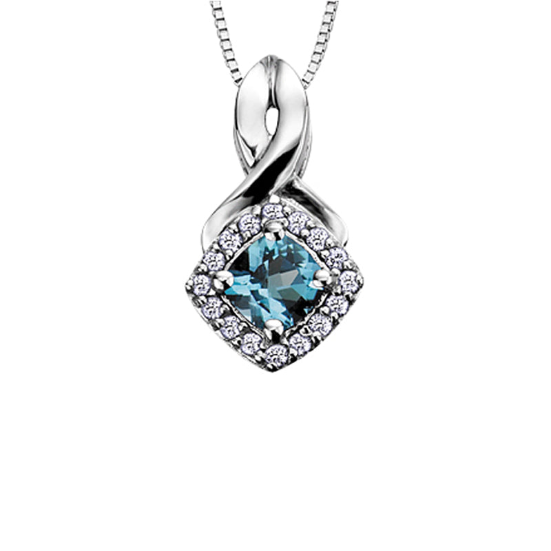 10K White Gold Blue Topaz and Diamond Halo Pendant with Chain