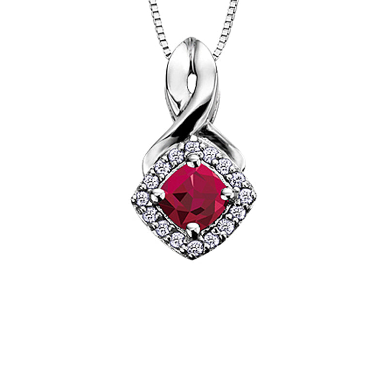 10K White Gold Garnet and Diamond Halo Pendant with Chain