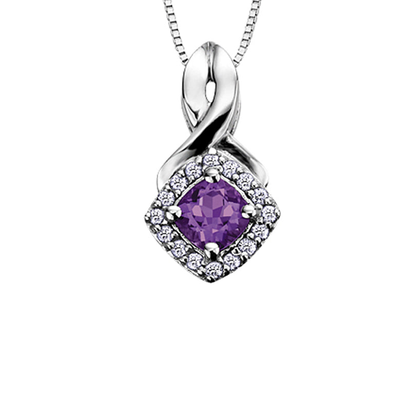 10K White Gold Amethyst and Diamond Halo Pendant with Chain