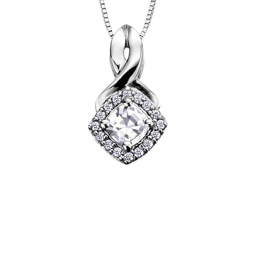 10K White Gold White Zircon and Diamond Halo Pendant with Chain