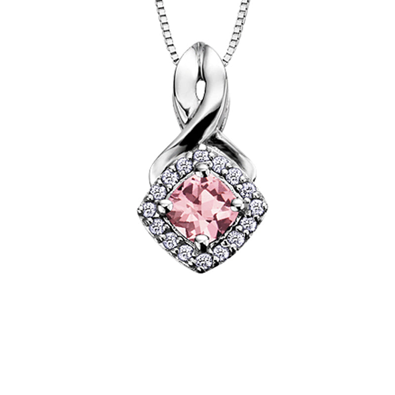 10K White Gold Pink Tourmaline and Diamond Halo Pendant with Chain