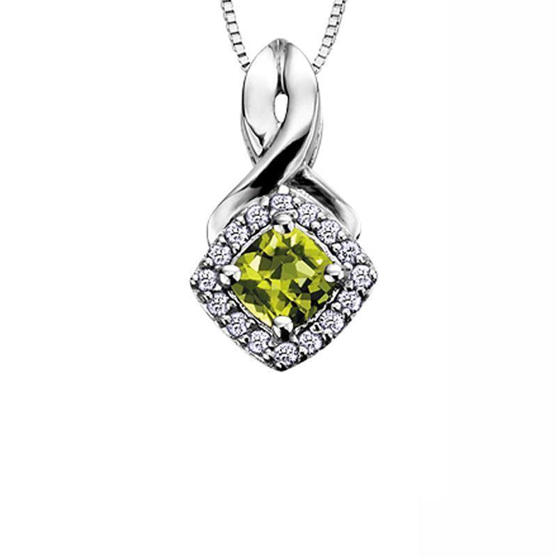 10K White Gold Peridot and Diamond Halo Pendant with Chain