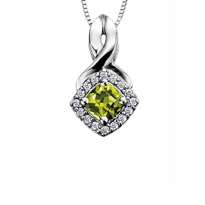 10K White Gold Peridot and Diamond Halo Pendant with Chain