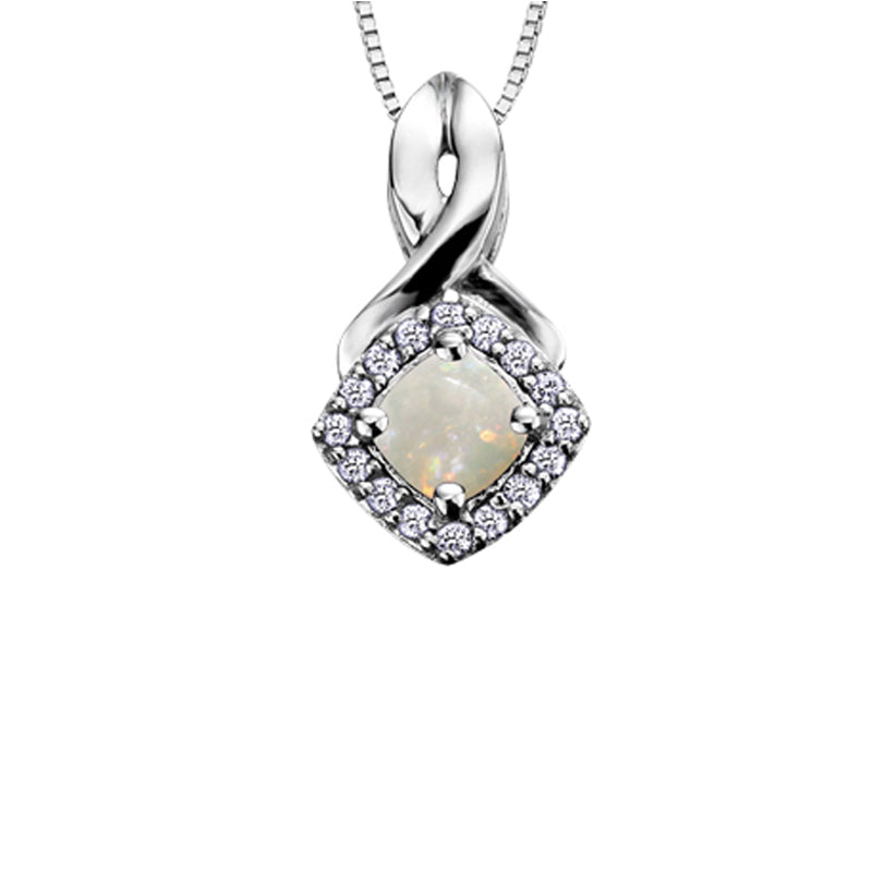 10K White Gold 0.08TDW Opal and Diamond Halo Pendant with Chain