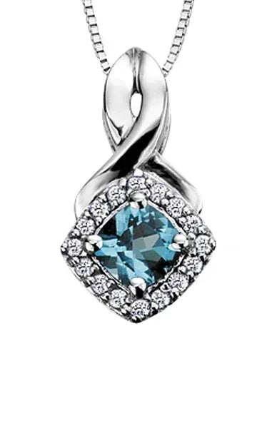 10K White Gold Blue Topaz and Diamond Halo Pendant with Chain