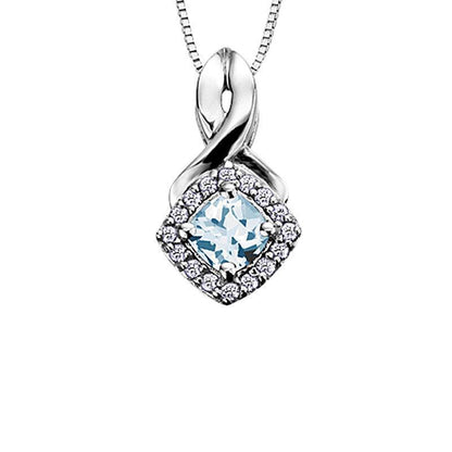 10K White Gold Aquamarine and Diamond Halo Pendant with Chain