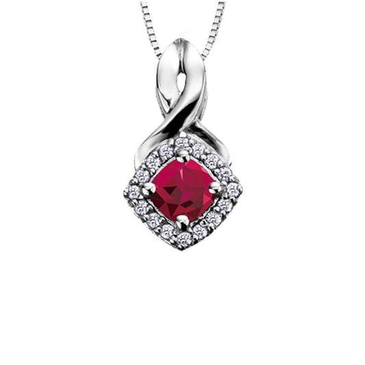 10K White Gold Ruby and Diamond Halo Pendant with Chain
