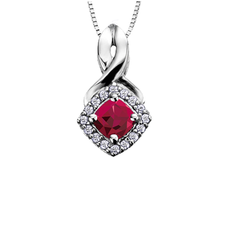 10K White Gold Ruby and Diamond Halo Pendant with Chain