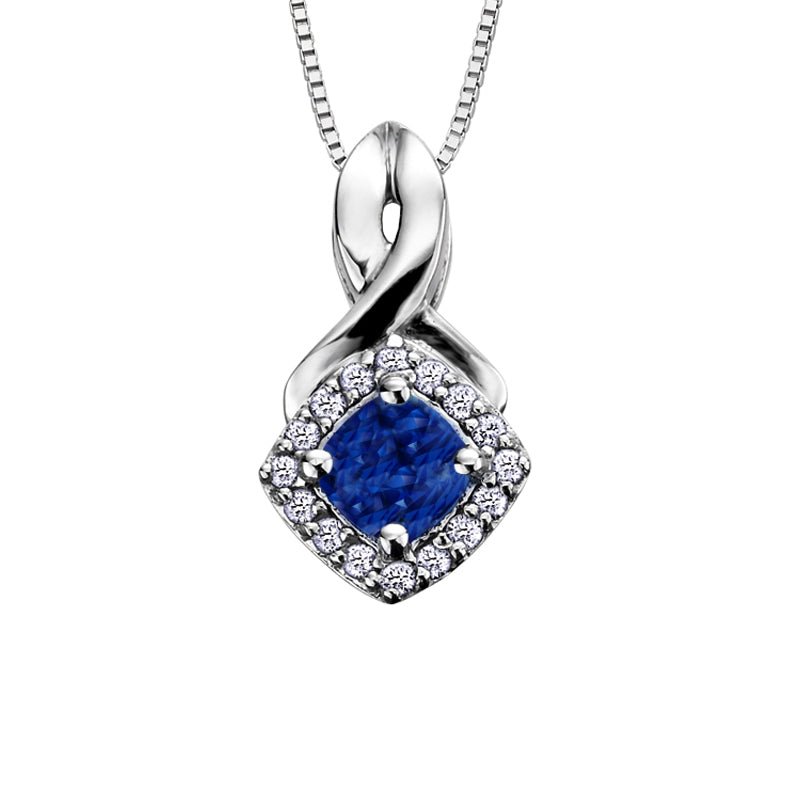 10K White Gold Blue Sapphire and Diamond Halo Pendant with Chain