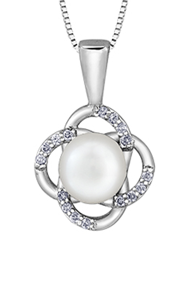 10K White Gold Pearl and Diamond Pendant with Chain