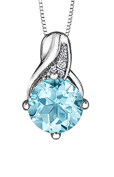 10K White Gold Blue Topaz and Diamond Pendant with Chain