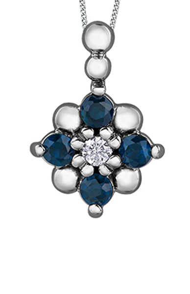 10K White Gold Blue Sapphire and Diamond Floral Pendant with Chain