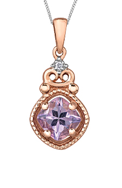 10K Rose Gold Pink Amethyst and Diamond Pendant with Chain