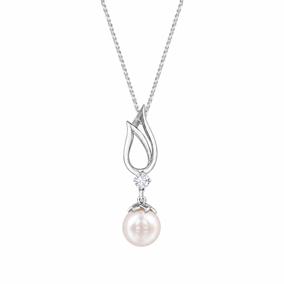 10K White Gold 7MM Pearl and 0.08TDW Diamond Dangle Pendant