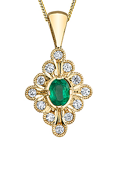 10K Yellow Gold Emerald and Diamond Fancy Pendant with Chain
