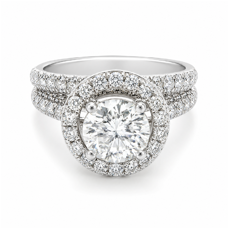 14K White Gold 2.73TDW Diamond Halo Engagement Ring Set