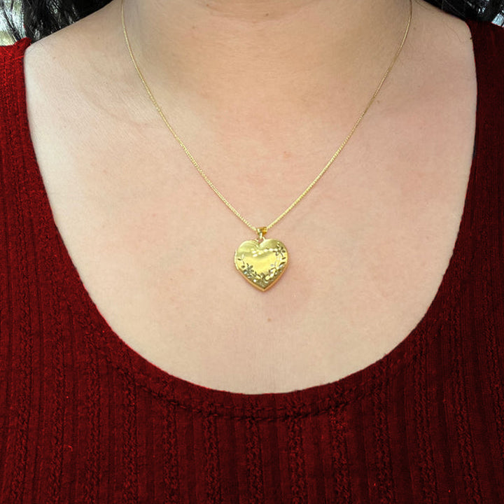 10K Yellow Gold Heart Shaped Etched Locket with Satin Finish