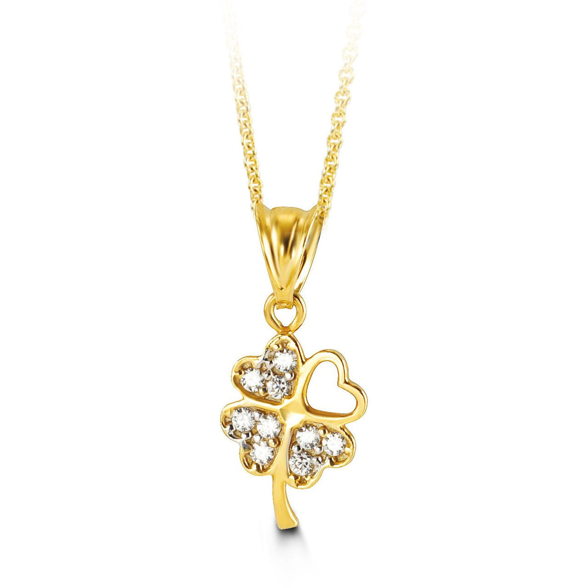 10K Yellow Gold CZ Clover Heart Charm Pendant with Chain