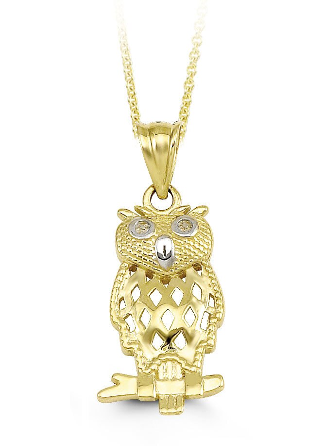 10K Yellow Gold Owl Charm Pendant with Chain