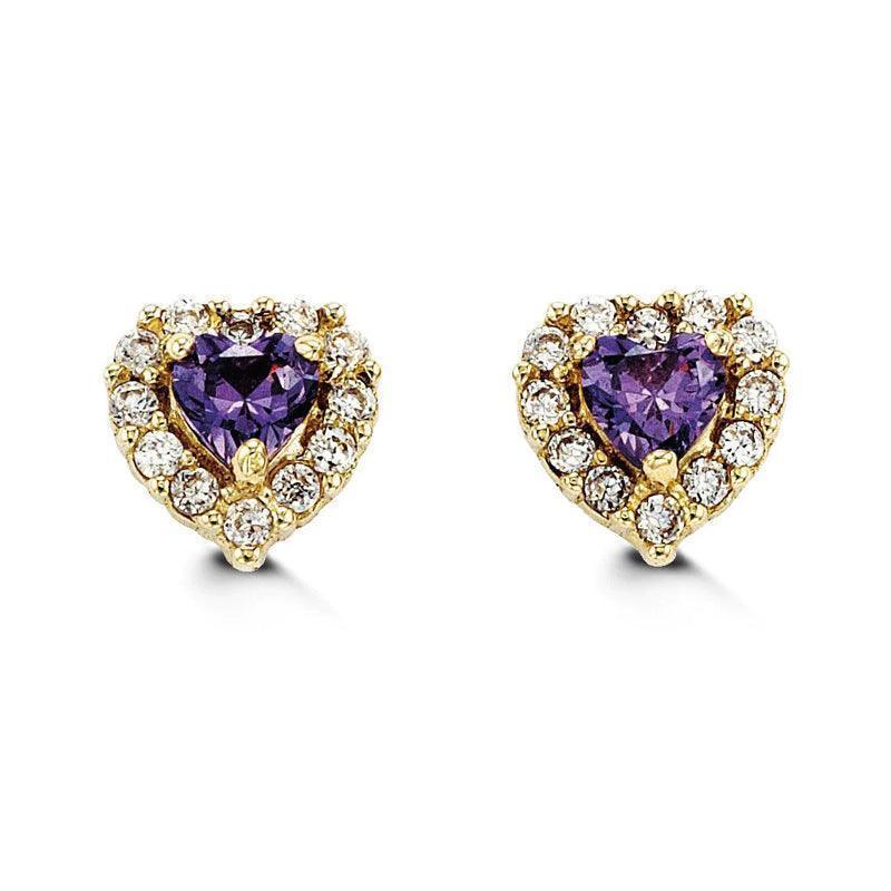 14K Yellow Gold Purple Heart Shape CZ Baby Earrings