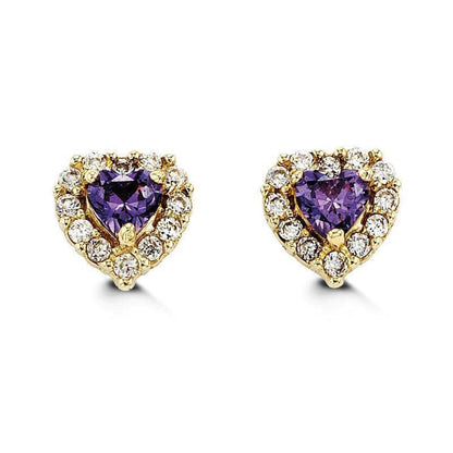 14K Yellow Gold Purple Heart Shape CZ Baby Earrings