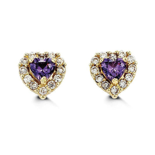 14K Yellow Gold Purple Heart Shape CZ Baby Earrings