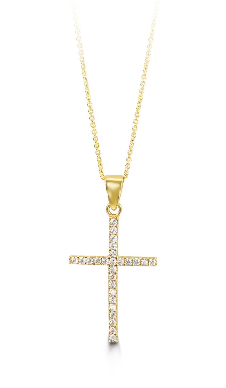 10K Yellow Gold Classic CZ Cross Pendant with Chain