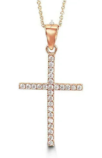 10K Rose Gold Classic CZ Cross Pendant with Chain