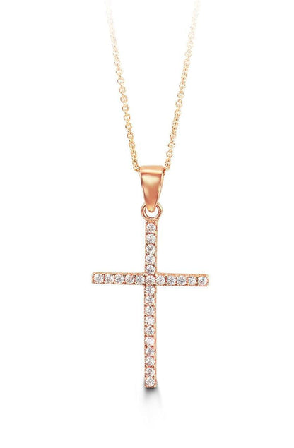 10K Rose Gold Classic CZ Cross Pendant with Chain